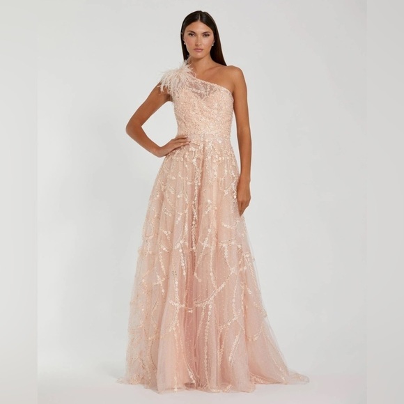 Mac Duggal EMBELLISHED ONE SHOULDER A LINE GOWN size 4 NEW $798 In Peach - Picture 1 of 17